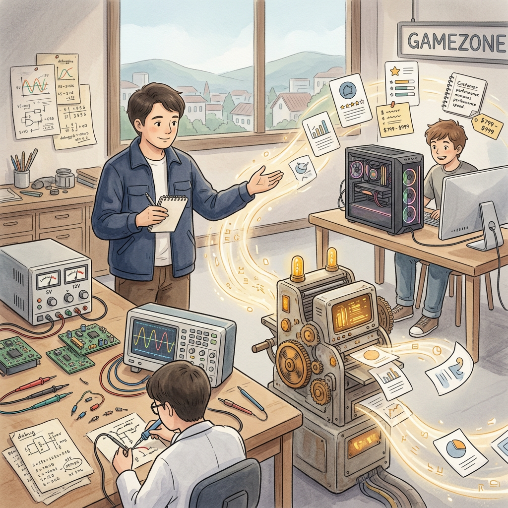 Engineers collaborate on electronics and gaming technology in a workshop