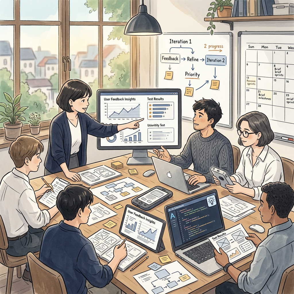 Team reviewing user feedback, test results, and product designs