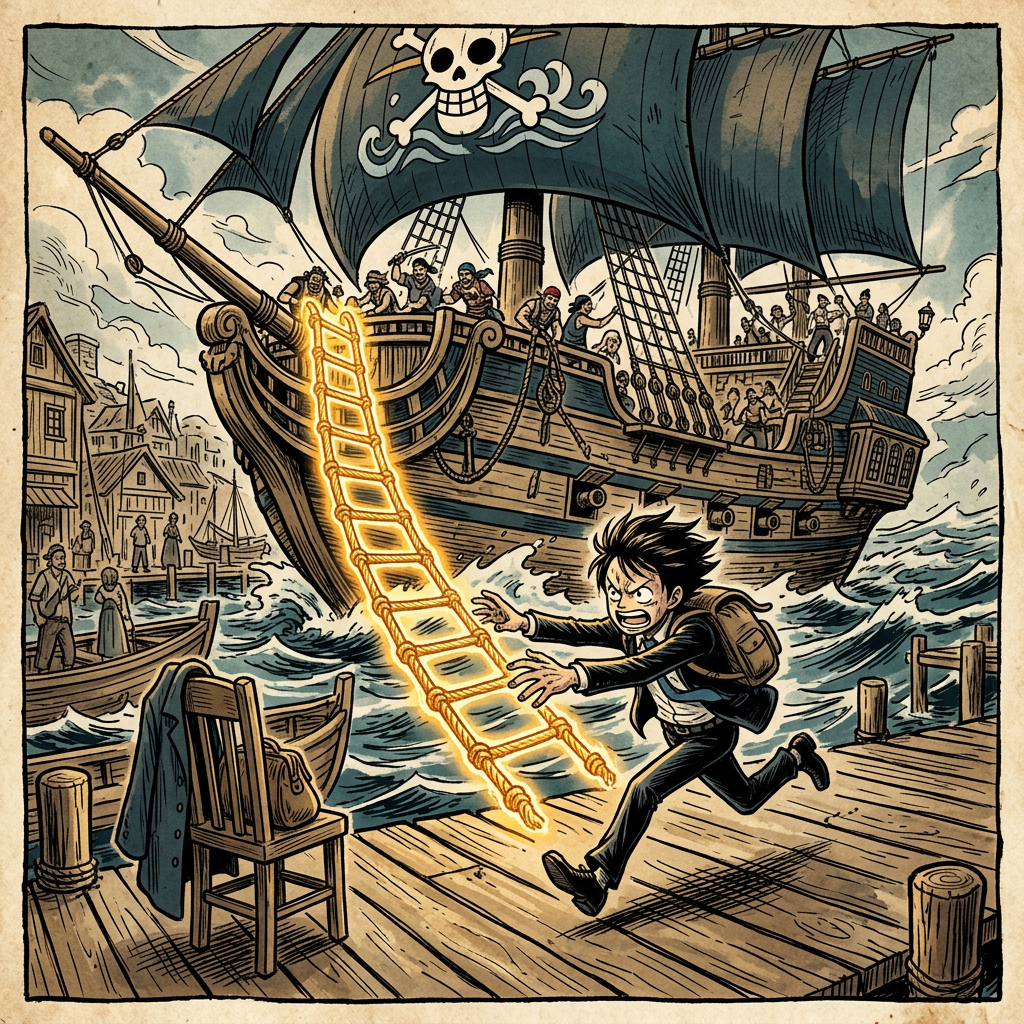 Office worker chasing departing pirate ship